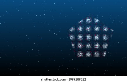 A la derecha está el símbolo del pentágono lleno de puntos blancos. Patrón de fondo de puntos y círculos de diferentes matices. Ilustración vectorial sobre fondo azul con estrellas