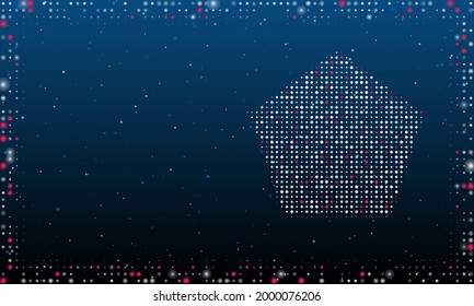 On the right is the pentagon symbol filled with white dots. Pointillism style. Abstract futuristic frame of dots and circles. Some dots is pink. Vector illustration on blue background with stars