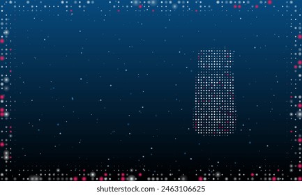 On the right is the pepper shaker symbol filled with white dots. Pointillism style. Abstract futuristic frame of dots and circles. Some dots is pink. Vector illustration on blue background with stars