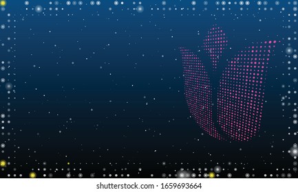 On the right is the perspective tulip symbol filled with white dots. Abstract futuristic frame of white dots and circles. Some dots is yellow. Vector illustration on blue background with stars