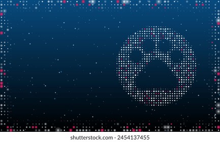 On the right is the pet symbol filled with white dots. Pointillism style. Abstract futuristic frame of dots and circles. Some dots is pink. Vector illustration on blue background with stars