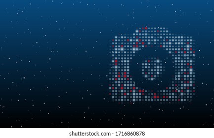 On the right is the photo camera symbol filled with white dots. Background pattern from white dots and circles of different shades. Some dots is red. Vector illustration on blue background with stars