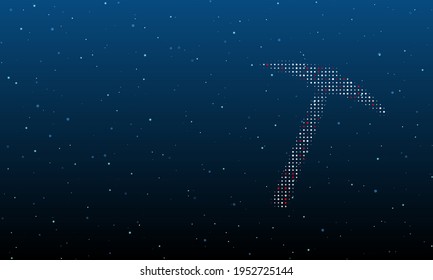 On the right is the pickaxe symbol filled with white dots. Background pattern from dots and circles of different shades. Vector illustration on blue background with stars