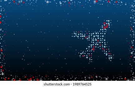 On the right is the plane symbol filled with white dots. Pointillism style. Abstract futuristic frame of dots and circles. Some dots is red. Vector illustration on blue background with stars