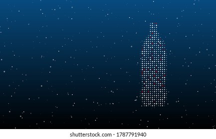 A la derecha está el símbolo del frasco de plástico con puntos blancos. Patrón de fondo de puntos y círculos de diferentes matices. Algunos puntos son rojos. Ilustración vectorial sobre fondo azul con estrellas