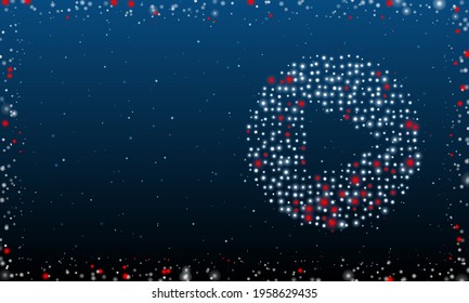 On the right is the play symbol filled with white dots. Pointillism style. Abstract futuristic frame of dots and circles. Some dots is red. Vector illustration on blue background with stars