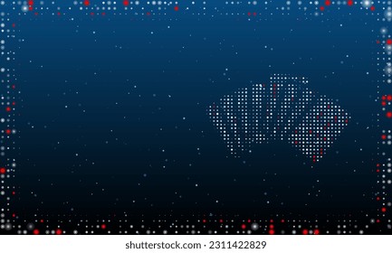 On the right is the playings symbol filled with white dots. Pointillism style. Abstract futuristic frame of dots and circles. Some dots is red. Vector illustration on blue background with stars