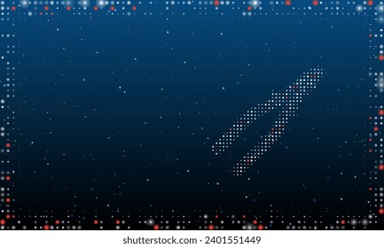 On the right is the pliers symbol filled with white dots. Pointillism style. Abstract futuristic frame of dots and circles. Some dots is red. Vector illustration on blue background with stars