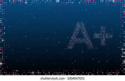A la derecha está el símbolo A plus, con puntos blancos. Estilo de puntillismo. Resumen marco futurista de puntos y círculos. Algunos puntos son rosas. Ilustración vectorial sobre fondo azul con estrellas