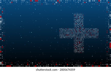 On the right is the plus symbol filled with white dots. Pointillism style. Abstract futuristic frame of dots and circles. Some dots is red. Vector illustration on blue background with stars