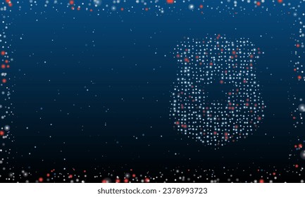 On the right is the police badge symbol filled with white dots. Pointillism style. Abstract futuristic frame of dots and circles. Some dots is red. Vector illustration on blue background with stars