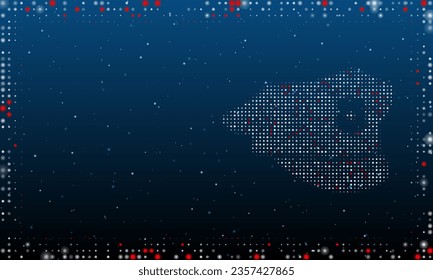 On the right is the police cap symbol filled with white dots. Pointillism style. Abstract futuristic frame of dots and circles. Some dots is red. Vector illustration on blue background with stars
