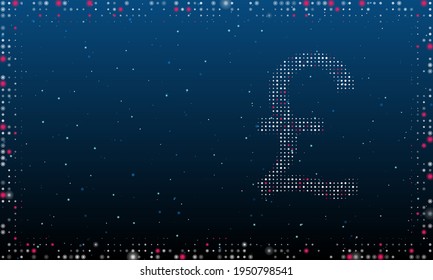 On the right is the pound symbol filled with white dots. Pointillism style. Abstract futuristic frame of dots and circles. Some dots is pink. Vector illustration on blue background with stars
