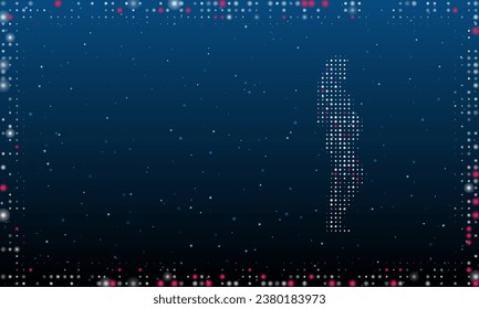 On the right is the pregnant woman symbol filled with white dots. Pointillism style. Abstract futuristic frame of dots and circles. Some dots is pink. Vector illustration on blue background with stars