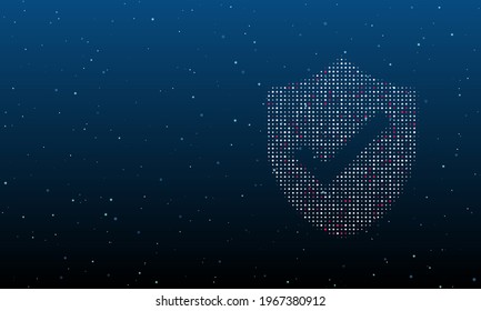 On the right is the protection mark symbol filled with white dots. Background pattern from dots and circles of different shades. Vector illustration on blue background with stars