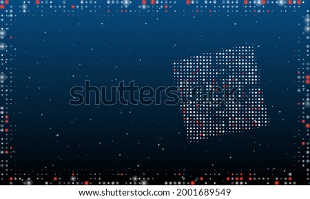 On the right is the puzzle symbol filled with white dots. Pointillism style. Abstract futuristic frame of dots and circles. Some dots is red. Vector illustration on blue background with stars