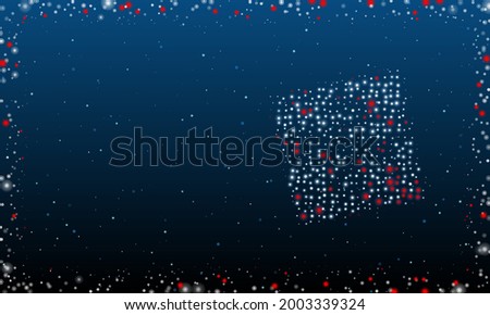 On the right is the puzzle symbol filled with white dots. Pointillism style. Abstract futuristic frame of dots and circles. Some dots is red. Vector illustration on blue background with stars