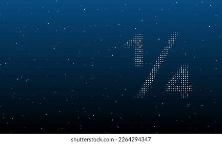 On the right is the quarter fraction symbol filled with white dots. Background pattern from dots and circles of different shades. Vector illustration on blue background with stars