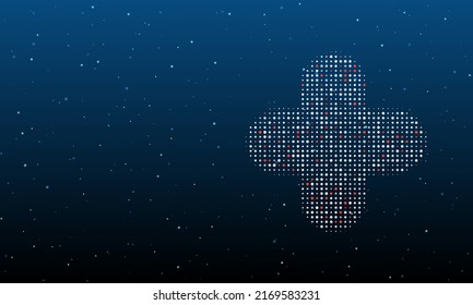 On the right is the quatrefoil symbol filled with white dots. Background pattern from dots and circles of different shades. Vector illustration on blue background with stars