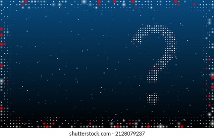 On the right is the question symbol filled with white dots. Pointillism style. Abstract futuristic frame of dots and circles. Some dots is red. Vector illustration on blue background with stars