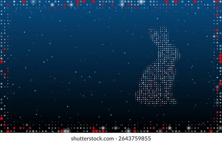 À direita está o símbolo de coelho cheio de pontos brancos. Estilo pontilhismo. Quadro futurista abstrato de pontos e círculos. Alguns pontos são vermelhos. Ilustração vetorial sobre fundo azul com estrelas