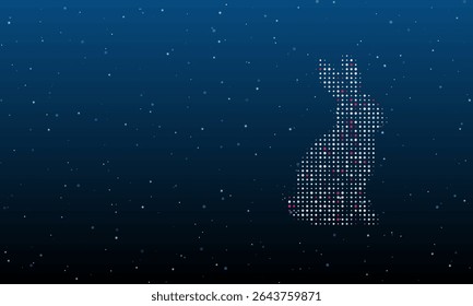 On the right is the rabbit symbol filled with white dots. Background pattern from dots and circles of different shades. Vector illustration on blue background with stars