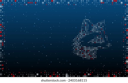 On the right is the raccoon head symbol filled with white dots. Pointillism style. Abstract futuristic frame of dots and circles. Some dots is red. Vector illustration on blue background with stars