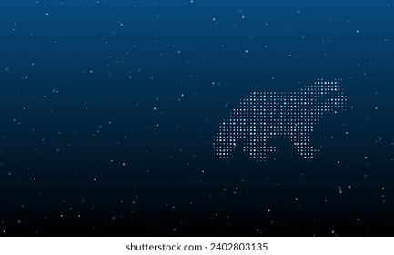 On the right is the raccoon symbol filled with white dots. Background pattern from dots and circles of different shades. Vector illustration on blue background with stars