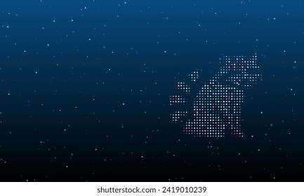 On the right is the raccoon symbol filled with white dots. Background pattern from dots and circles of different shades. Vector illustration on blue background with stars