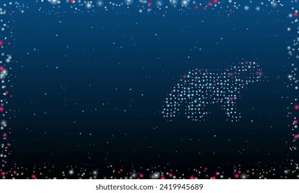 On the right is the raccoon symbol filled with white dots. Pointillism style. Abstract futuristic frame of dots and circles. Some dots is pink. Vector illustration on blue background with stars