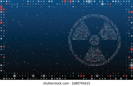 On the right is the radiation symbol filled with white dots. Abstract futuristic frame of white dots and circles. Some dots is red. Vector illustration on blue background with stars