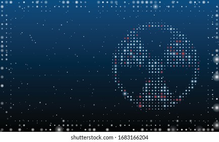 On the right is the radiation symbol filled with white dots. Abstract futuristic frame of white dots and circles. Some dots is red. Vector illustration on blue background with stars