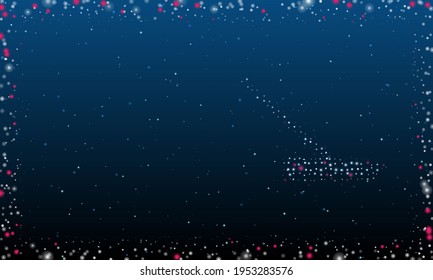 Auf der rechten Seite ist das Rake-Symbol mit weißen Punkten gefüllt. Pointillismus-Stil. Abstrakter futuristischer Rahmen von Punkten und Kreisen. Einige Punkte sind rosa. Vektorgrafik auf blauem Hintergrund mit Sternen