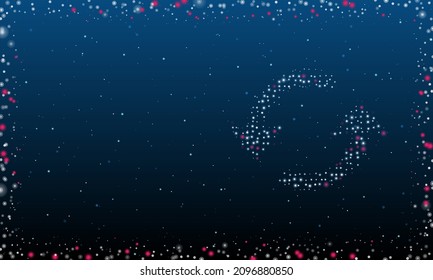 On the right is the refresh symbol filled with white dots. Pointillism style. Abstract futuristic frame of dots and circles. Some dots is pink. Vector illustration on blue background with stars