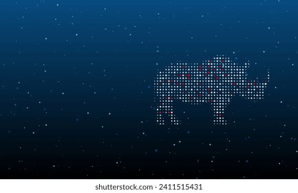 On the right is the rhino symbol filled with white dots. Background pattern from dots and circles of different shades. Vector illustration on blue background with stars