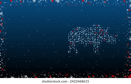 On the right is the rhino symbol filled with white dots. Pointillism style. Abstract futuristic frame of dots and circles. Some dots is red. Vector illustration on blue background with stars