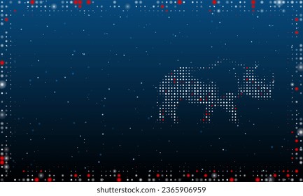 On the right is the rhinoceros symbol filled with white dots. Pointillism style. Abstract futuristic frame of dots and circles. Some dots is red. Vector illustration on blue background with stars