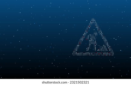 On the right is the road work symbol filled with white dots. Background pattern from dots and circles of different shades. Vector illustration on blue background with stars