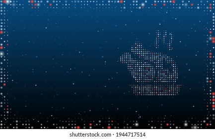 On the right is the roasted turkey symbol filled with white dots. Pointillism style. Abstract futuristic frame of dots and circles. Some dots is red. Vector illustration on blue background with stars