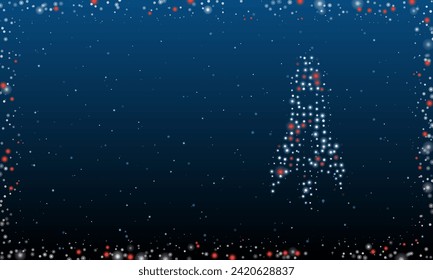 On the right is the rocket symbol filled with white dots. Pointillism style. Abstract futuristic frame of dots and circles. Some dots is red. Vector illustration on blue background with stars