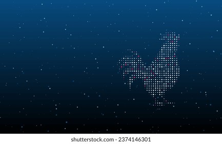 Auf der rechten Seite befindet sich das mit weißen Punkten gefüllte Hahn-Symbol. Hintergrundmuster aus Punkten und Kreisen verschiedener Farben. Vektorgrafik auf blauem Hintergrund mit Sternen