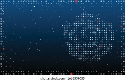 On the right is the rose symbol filled with white dots. Abstract futuristic frame of white dots and circles. Some dots is red. Vector illustration on blue background with stars