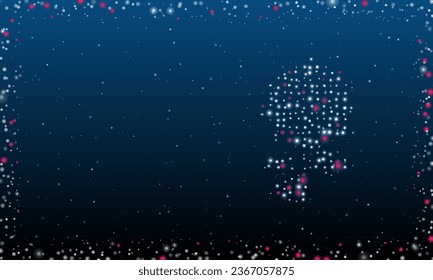 On the right is the rose symbol filled with white dots. Pointillism style. Abstract futuristic frame of dots and circles. Some dots is pink. Vector illustration on blue background with stars