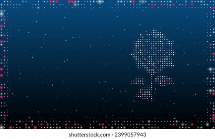 On the right is the rose symbol filled with white dots. Pointillism style. Abstract futuristic frame of dots and circles. Some dots is pink. Vector illustration on blue background with stars