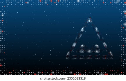 A la derecha está el símbolo de la carretera áspera lleno de puntos blancos. Estilo de puntillismo. Resumen marco futurista de puntos y círculos. Algunos puntos son rojos. Ilustración vectorial sobre fondo azul con estrellas