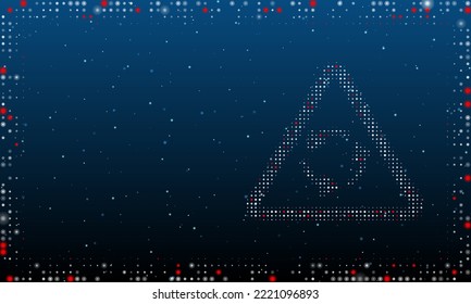 A la derecha está el símbolo de la rotonda con puntos blancos. Estilo de puntillismo. Resumen marco futurista de puntos y círculos. Algunos puntos son rojos. Ilustración vectorial sobre fondo azul con estrellas