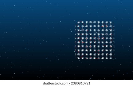 On the right is the rounded square symbol filled with white dots. Background pattern from dots and circles of different shades. Vector illustration on blue background with stars