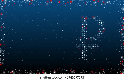 A la derecha está el símbolo del rublo lleno de puntos blancos. Estilo de puntillismo. Resumen marco futurista de puntos y círculos. Algunos puntos son rojos. Ilustración vectorial sobre fondo azul con estrellas