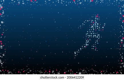 On the right is the running woman symbol filled with white dots. Pointillism style. Abstract futuristic frame of dots and circles. Some dots is pink. Vector illustration on blue background with stars