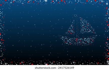 On the right is the sailing boat symbol filled with white dots. Pointillism style. Abstract futuristic frame of dots and circles. Some dots is red. Vector illustration on blue background with stars